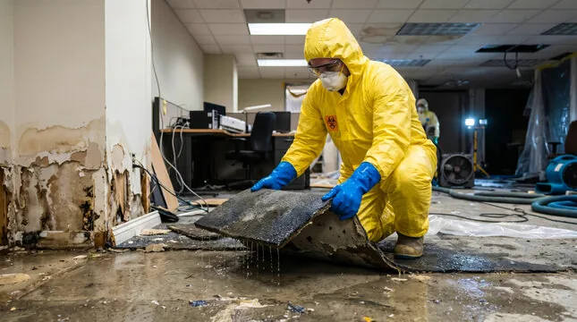 Technician in a protective suit and respirator removing contaminated wet flooring