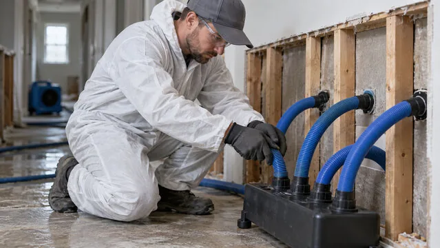 Technician connecting a wall cavity drying system with hoses inserted into the wall