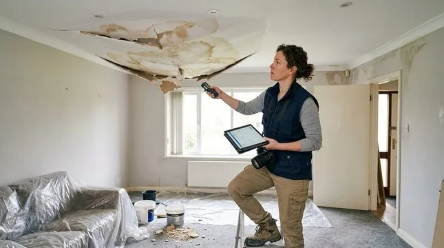 Water damage specialist inspecting a collapsed, water-stained ceiling with a moisture meter and tablet